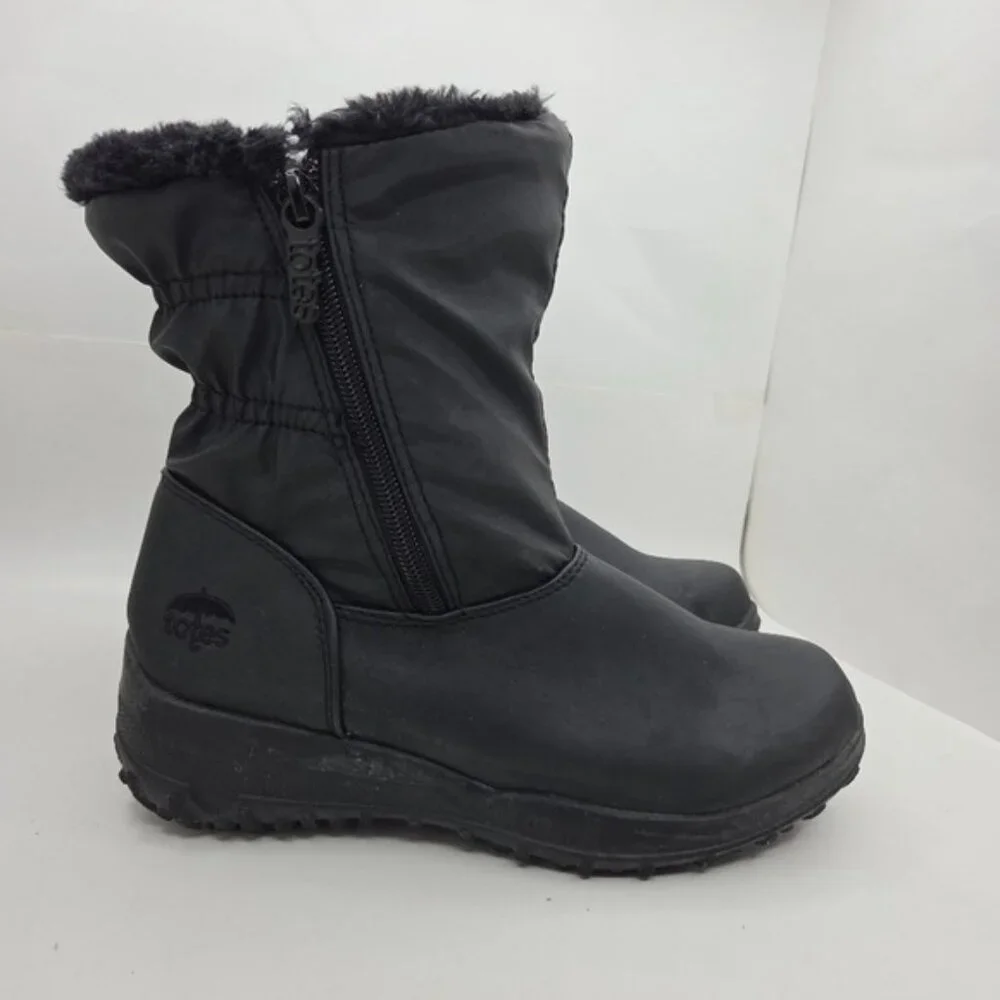 Totes Sim Black Faux Fur Lined Waterproof Winter Snow Boots Women's Size 6
